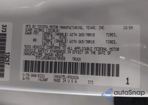 2025 Toyota Tundra Sr5 4Wd из США, поврежденный, VIN 5TFLA5DB6SX270928